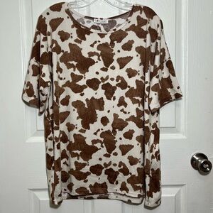 BOMBOM Brown and Off White Animal Print Drop Shoulder Crew Neck Top | size Large